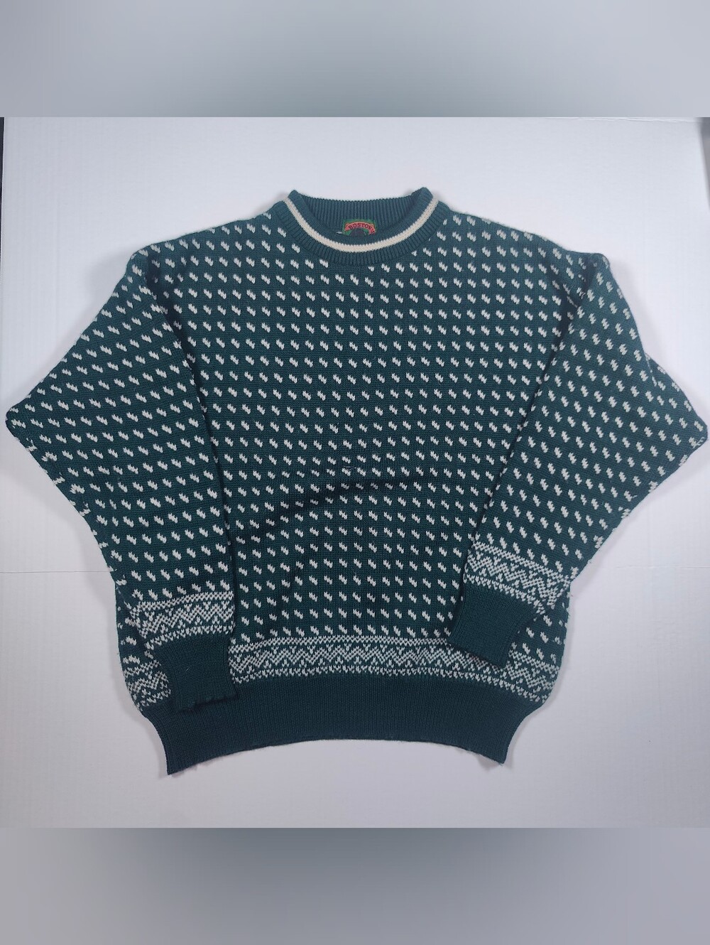 Vintage Boston Traders Mens Green White Fair Aisle 100% Wool Sweater Size M